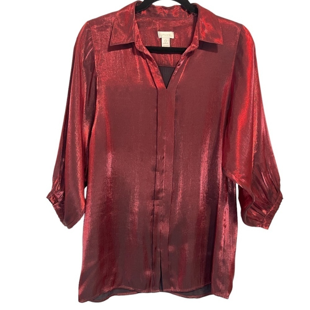 Chico's Iridescent Blouse Satin Burgundy Balloon Sleeve Women's Size 0